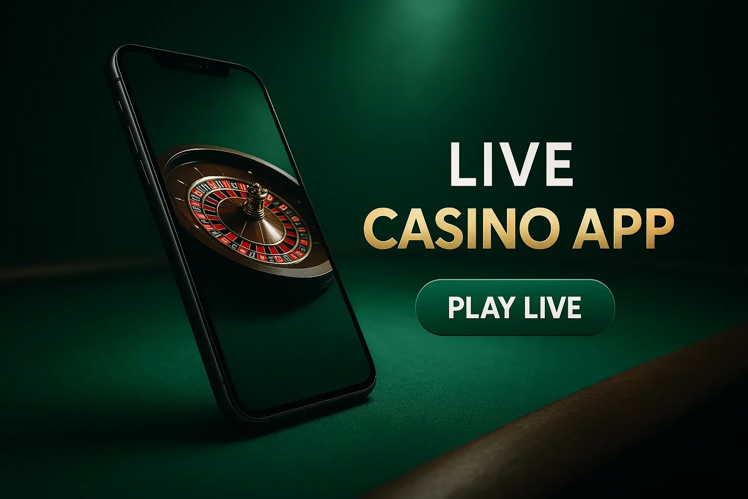 Photorealistic live casino app banner with smartphone, green felt table and CTA