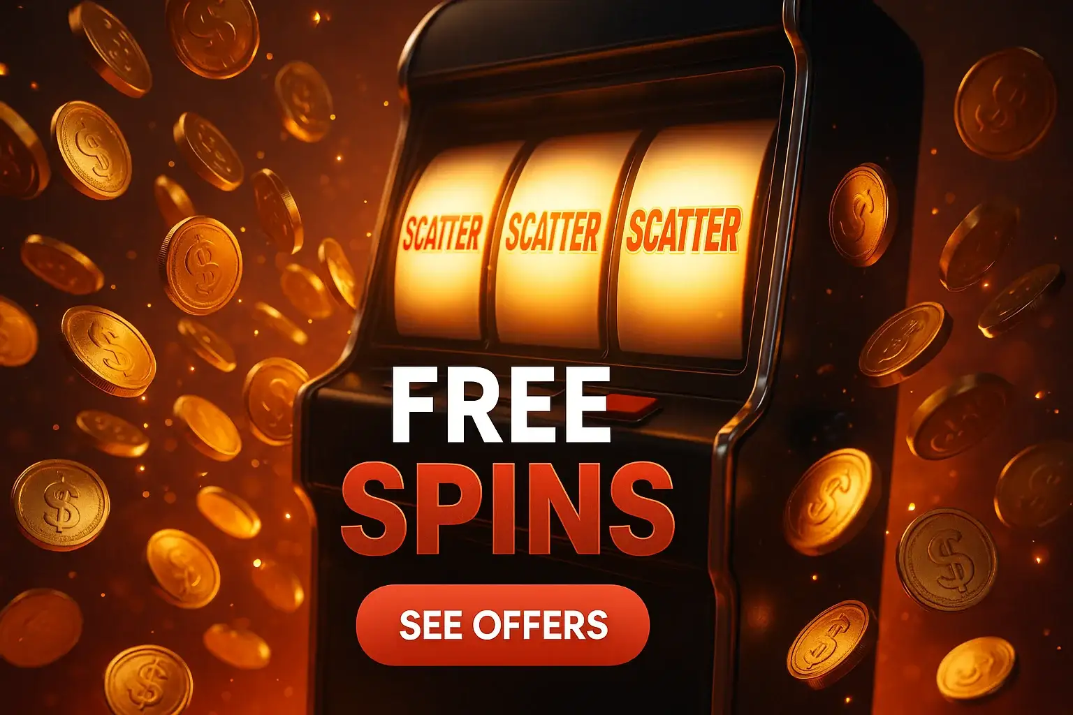 Photorealistic casino bonus banner with glowing slot machine and exploding gold coins