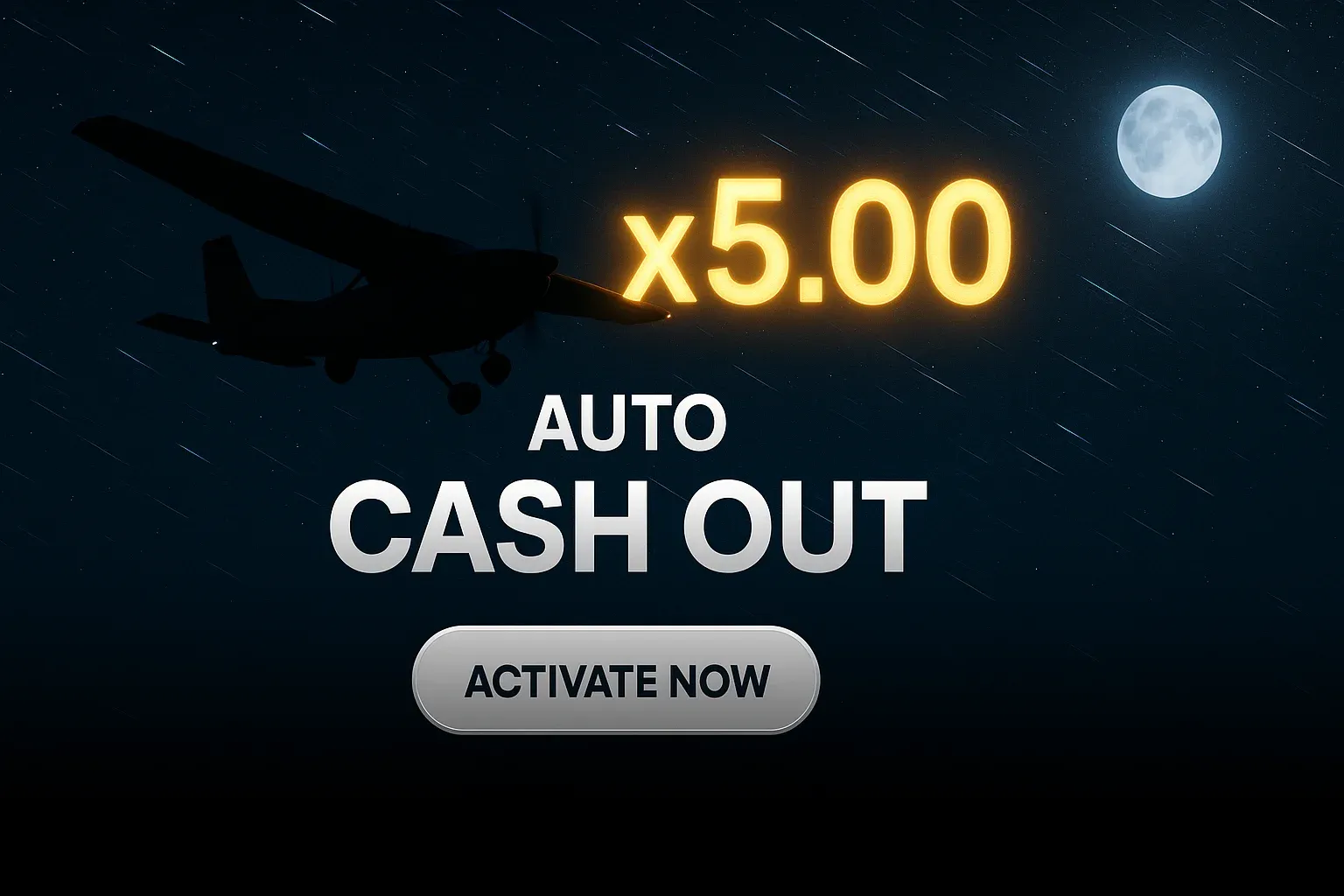 Wide casino banner with aircraft silhouette, x5.00 multiplier and star trails