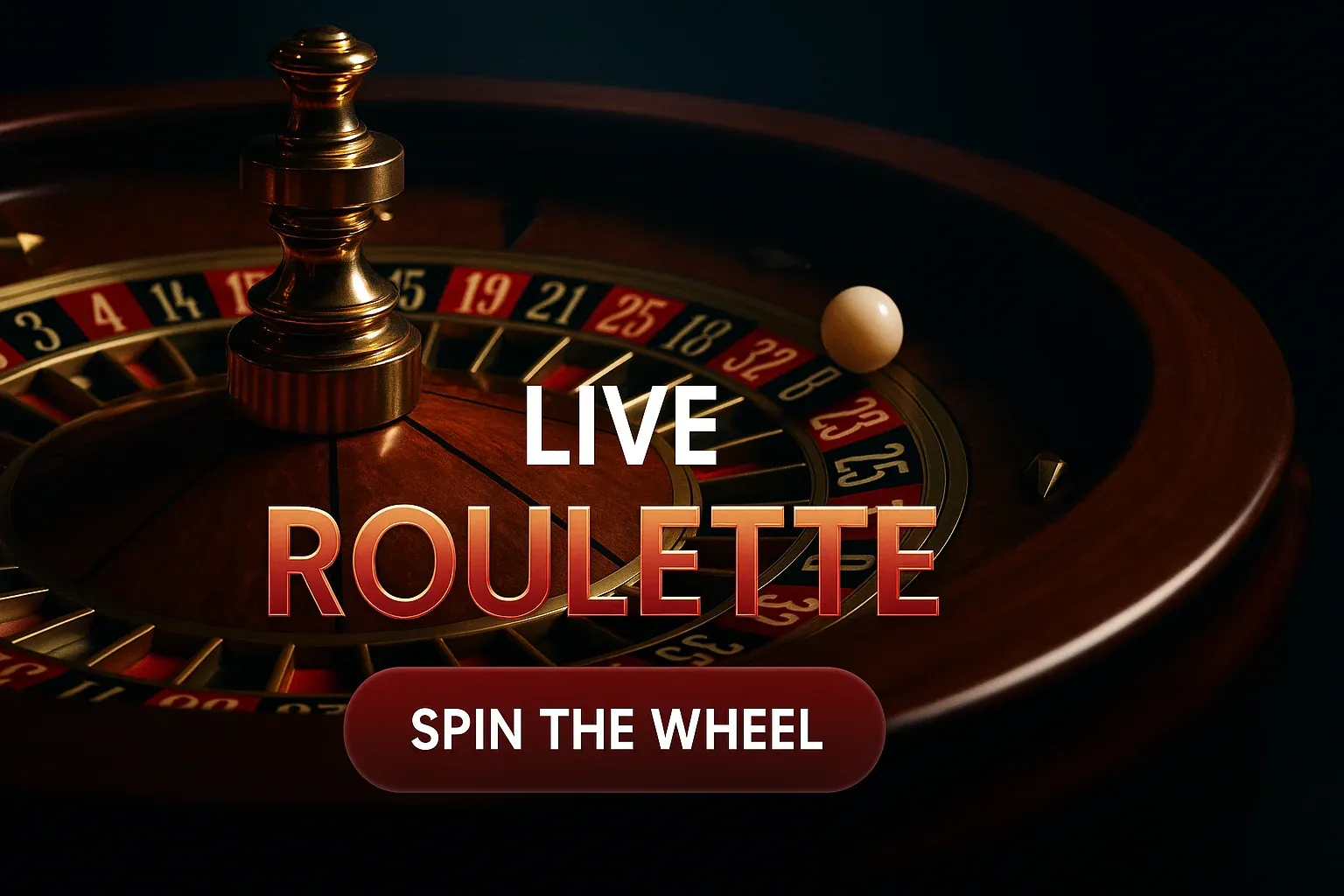 Photorealistic live roulette banner with spinning wheel, ball, and CTA button