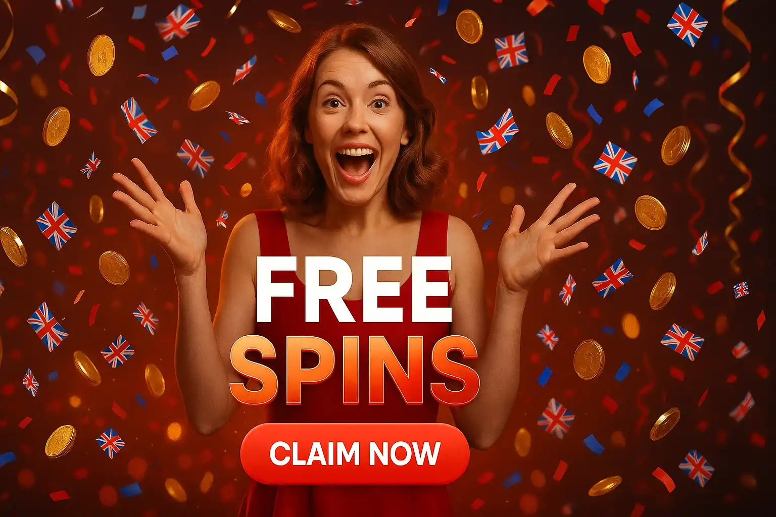 Photorealistic casino banner with British woman, Union Jack confetti and gold coins