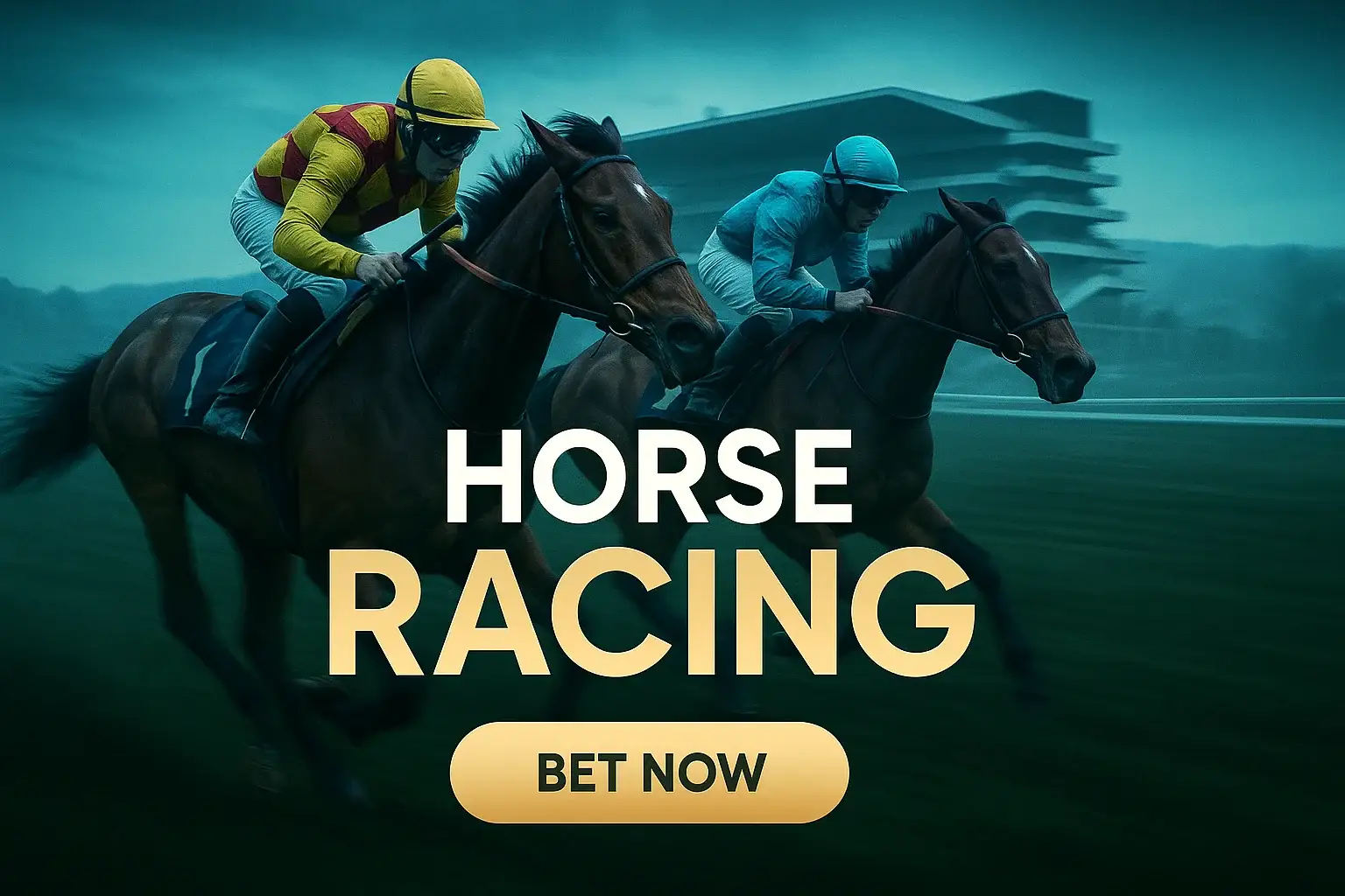 Wide casino banner with jockeys racing at Cheltenham and Bet Now button
